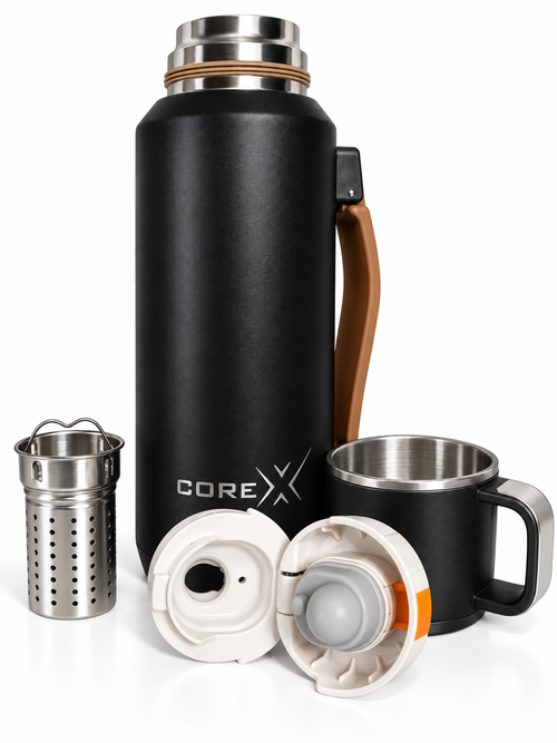 CoreX by Alysar Black Insulated Tea Bottle with Cup – 800ml Stainless Steel Tea Infuser