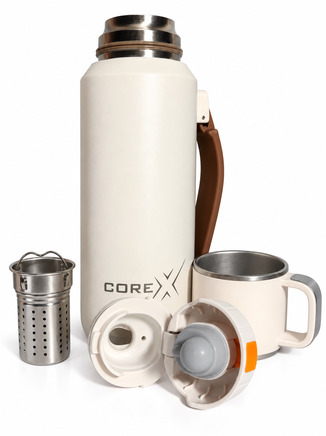CoreX by Alysar cream Insulated Tea Bottle with Cup – 800ml Stainless Steel Tea Infuser