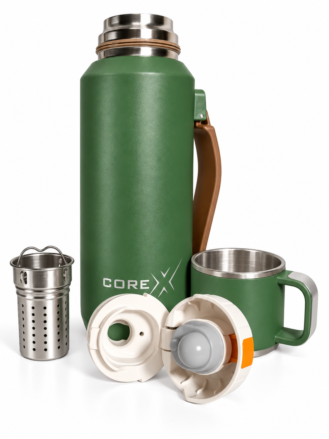 CoreX by Alysar green Insulated Tea Bottle with Cup – 800ml Stainless Steel Tea Infuser