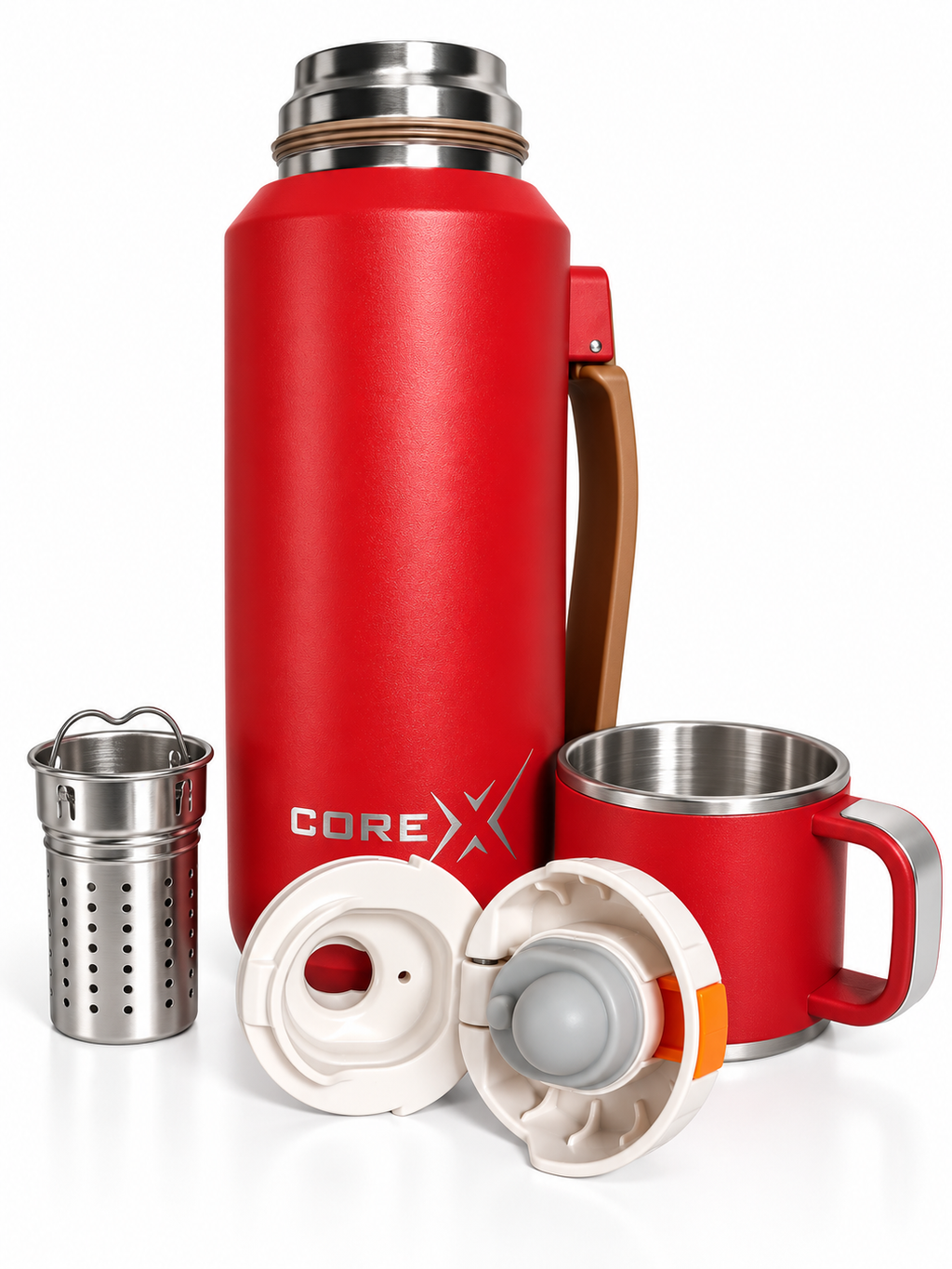 CoreX by Alysar red Insulated Tea Bottle with Cup – 800ml Stainless Steel Tea Infuser